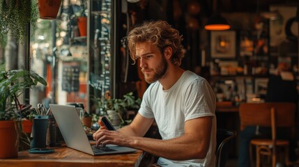 Digital Nomad Lifestyle: Young Man at Cafe Engrossed in Technology Screens