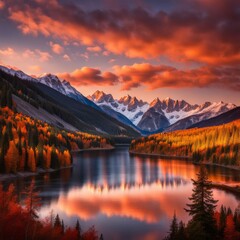 Obraz premium Colorful autumn landscape with mountains, lake and sunset