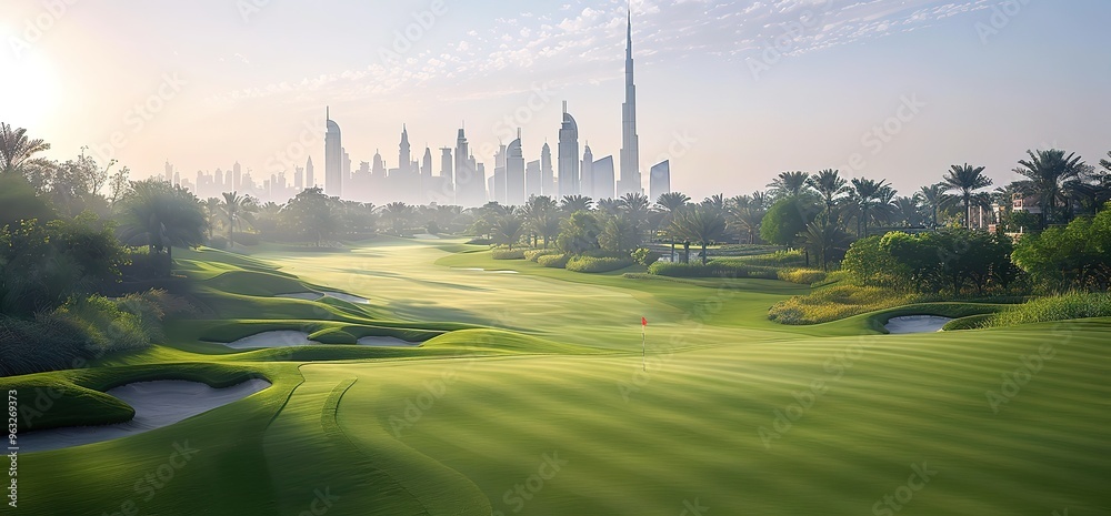 Wall mural A scenic view of a golf course with a modern city skyline in the background.  The lush green grass and the towering skyscrapers create a beautiful contrast.