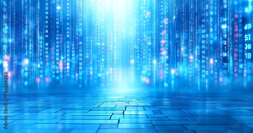 Poster digital matrix with glowing blue binary code environment