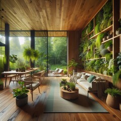 Fototapeta premium Contemporary Living Room with Abundant Green Plants, Vertical Garden Wall, and Cozy Wooden Furniture Creating a Tranquil Urban Oasis