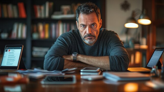 Overwhelmed Middle-Aged Man with Multiple Phones and Tablets Sitting at Desk Surrounded by Notifications and Digital Devices