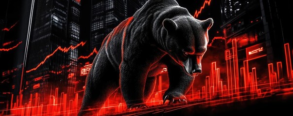 A striking digital illustration of a bear against a backdrop of stock market data, symbolizing market downturns and trends.