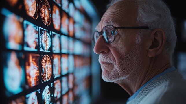 Overwhelmed Elderly Man Staring at Complex Computer Interface - Concept of Modern Technology Confusion