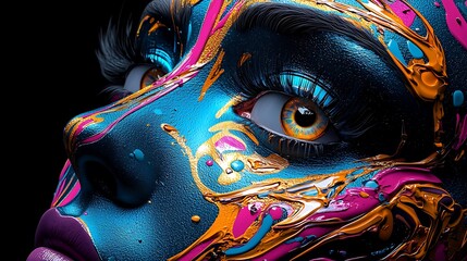 A close-up portrait explodes with colorful paint splatters and an eye that captivates.