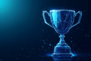 Futuristic digital trophy made of glowing blue lines and polygons, symbolizing achievement and innovation in a high-tech, virtual environment