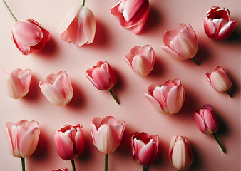 pink tulips flowers on pastel pink background.
