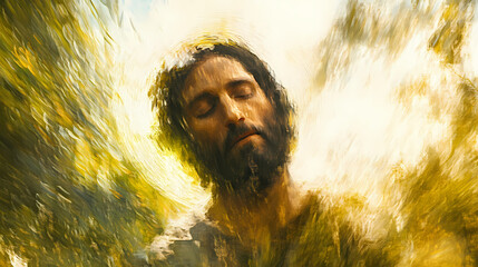 Ethereal portrait of messianic figure with radiant halo soft focus background of olive groves warm golden light impressionistic brushstrokes. Impressionistic. Illustration