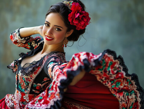 Hermosa bailarina de flamenco espa&ntilde;ola con un vestido tradicional.