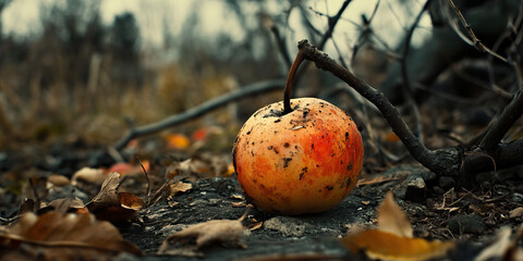 Bitter Bite: A barren orchard, its fallen fruit rotting on the ground, the tangy scent of decay permeating the air.