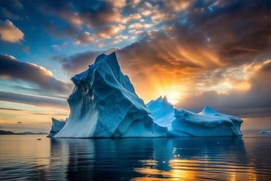 Stunning arctic iceberg reflecting glorious sunset in tranquil waters with dramatic sky - Powered by Adobe