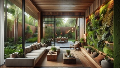 Fototapeta premium Contemporary Living Room with Abundant Green Plants, Vertical Garden Wall, and Cozy Wooden Furniture Creating a Tranquil Urban Oasis