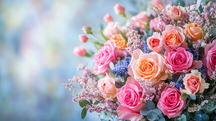 A vibrant bouquet of pink and orange roses surrounded by delicate blooms in a colourful background