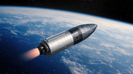 A futuristic rocket soaring through space, showcasing advanced technology and exploration of Earth from above.