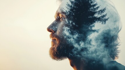 Inner Peace: Middle-Aged Man Breathing to Reduce Anxiety - Double Exposure Silhouette with Wind in Cool Tones (Close-Up, Copy Space)