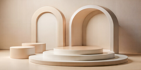 Empty beige round podiums surrounded by abstract geometric shapes. Product display background with copy space 