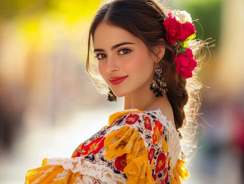 Hermosa bailarina de flamenco espa&ntilde;ola con un vestido tradicional.