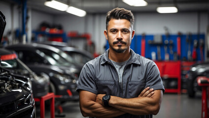 Obraz premium Technician Male Auto Mechanic with Crossed Arms in Modern Auto Shop