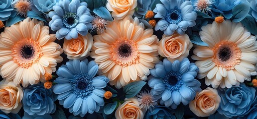 Close up shot of vibrant blue and orange gerbera daisies with rose buds.  Floral background with a delicate and colorful pattern.