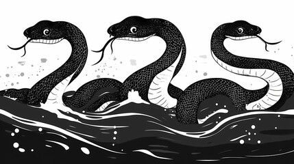 Naklejka premium Flat black and white hydra snakes on the river vector illustration royalty free images generated ai. Hydra. Illustration