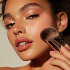 Close-up of a woman using setting powder and blush for a flawless finish
