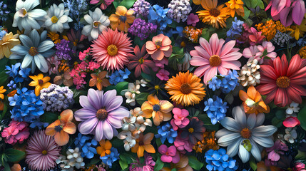 Full frame of various natural flowers, rendered in hyperrealistic detail. Hyperrealistic. Illustration