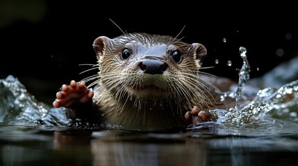 A playful otter swimming in water, creating splashes.
