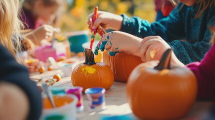 Children decorating pumpkins and leafs at a fall festival