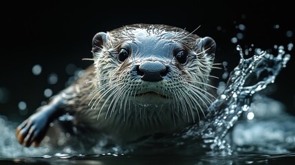 A close-up of an otter swimming in water, creating splashes.