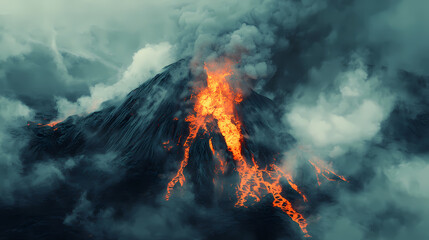 Generative ai on theme of erupting volcano with cascading hot lava surrounded thick white smoke. Volcanic. Illustration