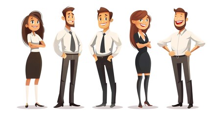 Successful cartoon characters engaged in various business activities. They are showing their professional skills and smartness in the business world. These characters are confident and seem to be 