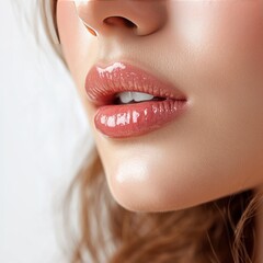 woman lips with lip gloss close-up on white backdrop