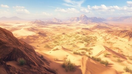 Naklejka premium Desert Landscape with Sand Dunes and Mountains in the Distance
