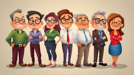 Successful cartoon characters engaged in various business activities. They are showing their professional skills and smartness in the business world. These characters are confident and seem to be maki