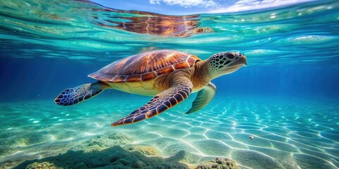 Turtle swimming gracefully in the crystal clear waters of the sea, turtle, ocean, sea life, underwater, marine, reptile, wildlife
