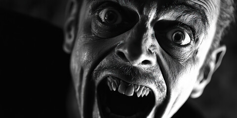 The Manic Laughter of Madness: A madman's cackle echoes through a shadowy asylum, his eyes wild and his gestures frantic.