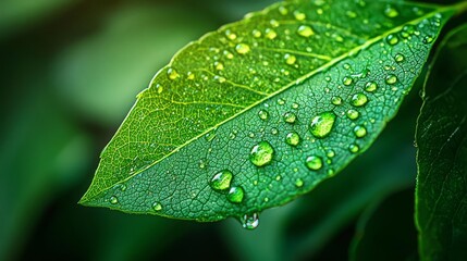 A vibrant green leaf glistening with morning dew