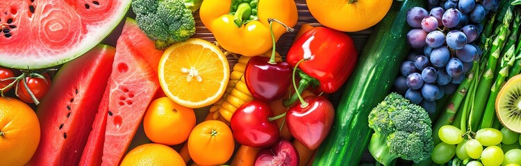 A vibrant collection of fresh fruits and vegetables arranged in a rainbow pattern.  A healthy and delicious meal or snack.