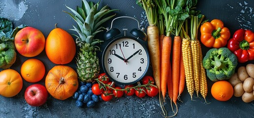 A flat lay image of fresh fruits and vegetables arranged around an alarm clock. Concept for healthy eating and time management.