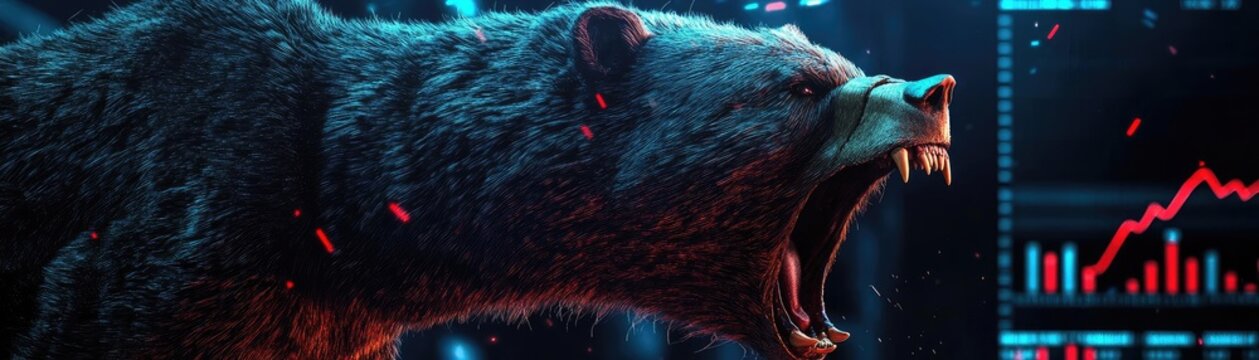 A fierce bear exhibits strength and intensity, set against a backdrop of dynamic digital graphics, symbolizing market trends.