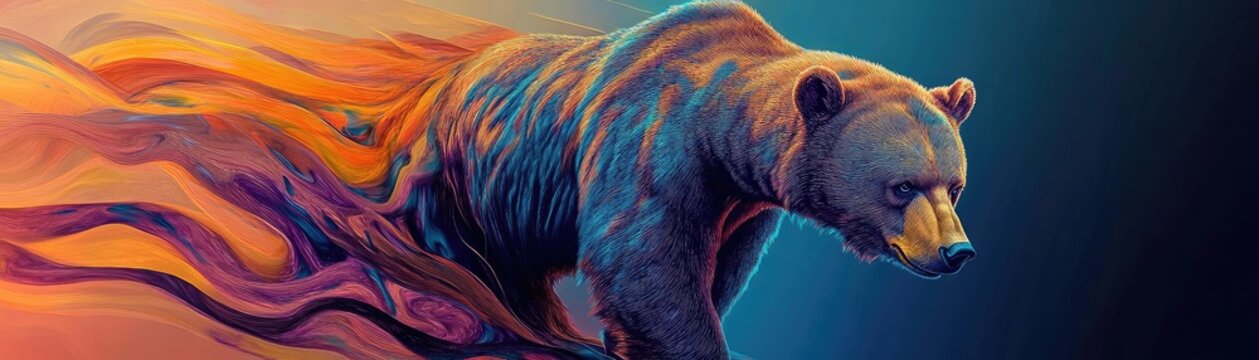A vibrant and dynamic illustration of a bear, showcasing energy and motion with colorful flowing elements.