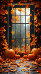 Obraz premium Halloween and autumn background with pumpkins, falling leaves, and Thanksgiving elements.