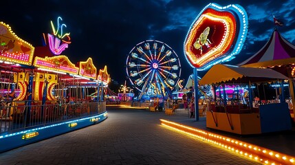 Vibrant carnival scene at night with illuminated rides, creating a festive and magical atmosphere full of fun and excitement.