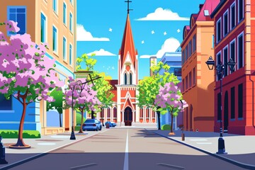 Fototapeta premium Serene Church with Tall Steeple and Stained-Glass Windows Surrounded by Lush Greenery and Blue Sky in a Picturesque Setting. Beautiful simple AI generated image