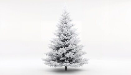 A snowy pine tree stands tall against a white background.