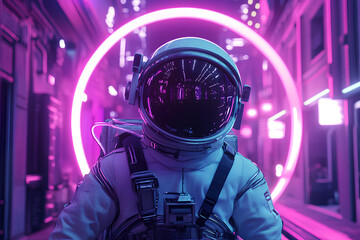 An astronaut in a futuristic city with a neon pink circle in the background.