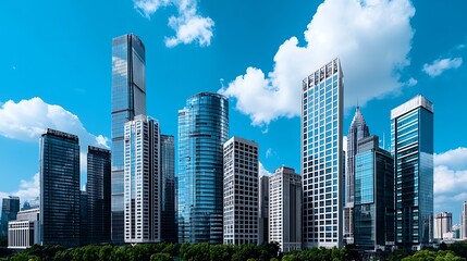 Fototapeta premium Modern skyscrapers tower against a backdrop of blue sky and white clouds in a vibrant city skyline.