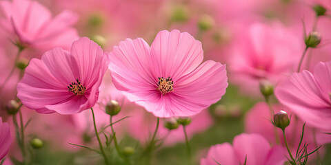 Fototapeta premium Pink Flower Power: A field of vibrant pink flowers swaying in the breeze.