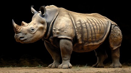 Obraz premium A detailed depiction of a rhinoceros in a dramatic setting.