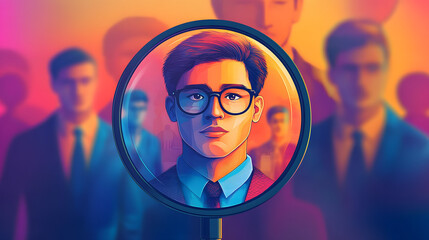Fototapeta premium magnifying glass focused on person business businessman formal suit cartoon professional business job candidate search headhunt headhunter human resources recruit candidate applicant seeker
